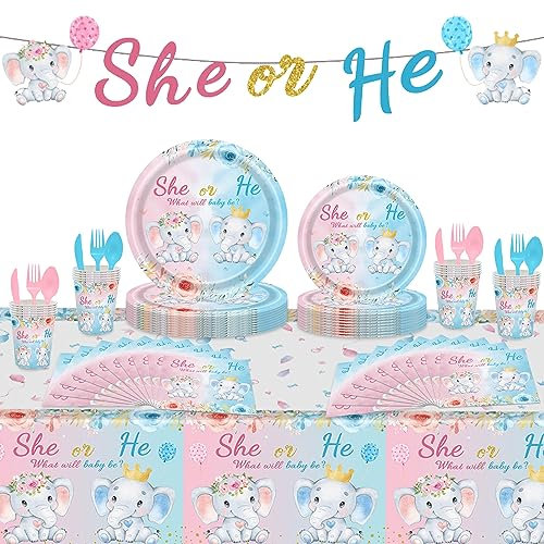 Elephant Baby Shower Gender Reveal Party Tableware for Girls or Boys with She or He Gender Reveal Banner, Tablecloth, Paper Plates, Napkins, Cups for 16 Guests
