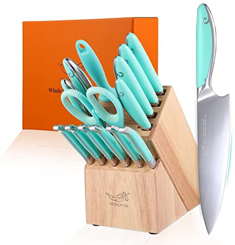 YONOVAK Knife Sets for Kitchen with Block, Blue Whale Series 15-Piece 1.4116 German Steel Full Tang Handle Chef Kitchen Knife Set …
