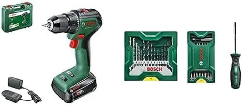 Bosch Home and Garden Akkuschrauber UniversalDrill 18V-60 (1 Akku, 18 Volt System, im Koffer) + 25 + 15 + 1 Mini-X-Line Set plus Griff (für Metall, Holz, Stein, Zubehör Bohrmaschine)