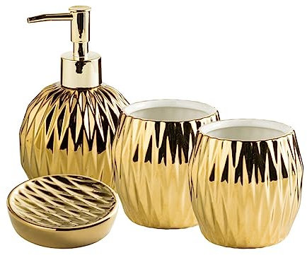 YYW Bathroom Accessory Set with Lotion Dispenser, Toothbrush Holder, Toothbrush Cup, Soap Dish 3/4 Pieces Modern Luxury Housewares Refillable Bathroom Soap Dispenser Set (Four-piece set - gold)