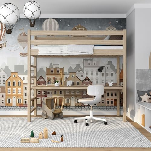 N-wood N01 Hochbett mit Schreibtisch, Etagenbett 100x200 cm, aus Eichenholz, 2 Leitermontageseiten, Stabile Massivholzkonstruktion, inklusive Lattenrost, Skandinavischer Stil, gebleichtes Eichenholz