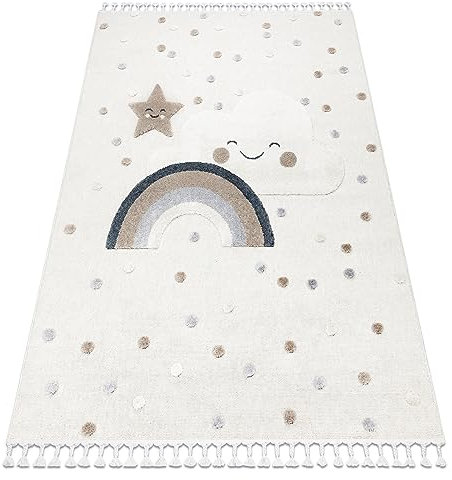 rugsx Teppich für Kinder YOYO EY78 Wolke, Regenbogen, Punkte, strukturell, sensorische, Fransen, weiß/beige 80x150 cm