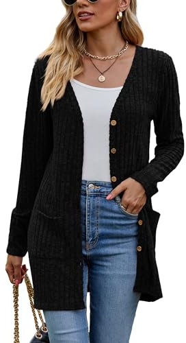 Famulily Solid Color Black Long Cardigan for Women UK, Ribbed Knit Lightweight Outerwear Sweater with Pockets (L, Black)