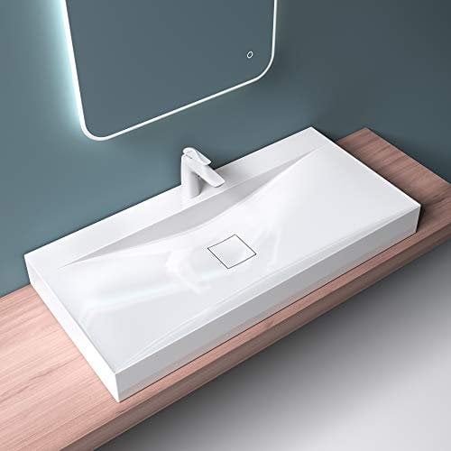 Mai & Mai Lavabo Suspendu Blanc 120x48x12cm Vasque à Poser Rectangulaire avec Perçage pour Robinet et Cache Bonde Col810-1200