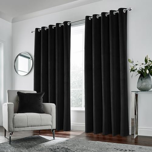 Enhanced Living Hampton Premium Velvet Black Blackout Curtains for Bedroom - 90x72 inch (229x183 cm) Supersoft Eyelet Curtains for Living Room - 2 x Curtain Panels
