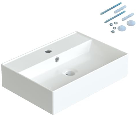 Aufsatzbecken Aufsatzwaschbecken weiß 50x35x12,5 cm mit Überlauf und Hahnloch klein Gäste wc Eckwaschbecken Handwaschbecken aus Keramik ultradünner Rand Wandmontage viele Montagemöglichkeiten