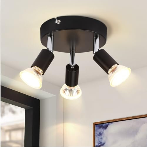 Glitzerlife Deckenstrahler Schwarz Deckenlampe Rund - Deckenlampe 3 Flammig GU10 Deckenleuchte Metall Schwenkbar Deckenspots Industrial für Küche Flur Schlafzimmer Esszimmer Galerie ohne Leuchtmittel