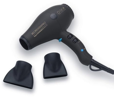 Diva Pro Styling Micro 5000 Pro Dryer, Professional Power 110 m3/h, Super-Lightweight Micro-Size, with Macadamia Oil, Argan Oil, and Keratin for Ultra-Shiny and Smooth Hair, Black