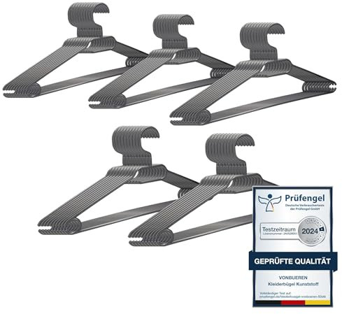 50 x Kleiderbügel grau Plastik VonBueren | mit 360° Drehhaken | platzsparend | 100% Recyclingkunststoff | hergestellt in der EU | ca. 40,5 x 21 cm