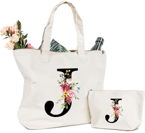 Tragetasche und Kosmetiktasche mit Initial, Canvas Einkaufstasche mit Reißverschluss, Personalisiert Initialen Baumwolltasche Geschenk für Freundin Frau Mama Schwester Geburtstag Hochzeit Muttertag J