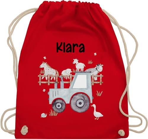 Turnbeutel Rucksack - Bauernhof Traktor Tiere mit Namen Landwirtschaftlicher Tiermotiv Bauernhoftieren - Unisize - Rot - personalisierter stoffbeutel trecker traktoren beutel turntasche kindergarten