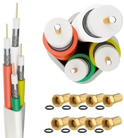 HB-DIGITAL SET 5m Quattro Koaxial Kabel SAT 4-Fach Kabel Weiß 4-in-1 für Ultra HD 4K DVB-S / S2 DVB-C und DVB-T / T2 BK Anlagen + 8 vergoldete F-Stecker Set Gratis dazu (Quattro, Quad Kabel)