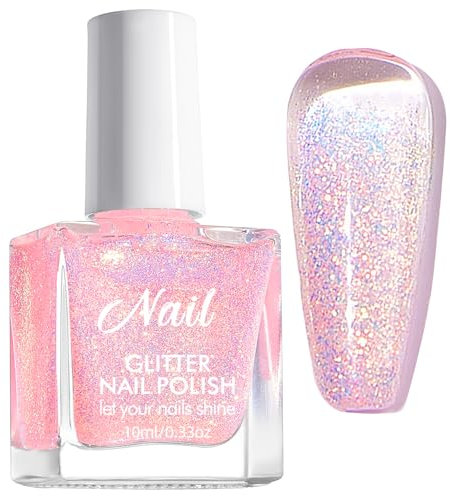NLFOX Glitter Nail Polish - Translucent Sparkly Nail Polish - Reflective Pink Nail Varnish - 60 Second Quick Dry Nail Polish - No Bake No Chip Breathable Nail Polish Long Last for Women