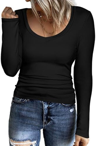 Aottori Maglietta Donna Manica Lunga Maglia Cotone a Coste Basic Shirt con Scollo a V Aderente Elasticizzato Top Sexy Nero XXL