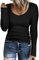 Aottori Camiseta Manga Larga Negro Mujer Básica Tops Cuello en V Punto Jersey Camisetas Elástico Slim Fit Shirt Elegantes Sólido Casual Túnica Top Negro XXL