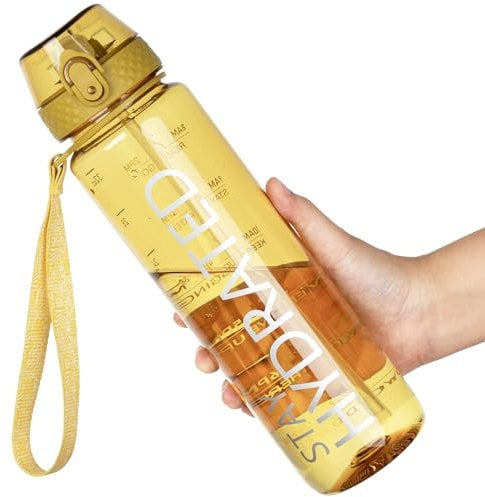 OLDLEY 1L Sports Water Bottle with Straw, Tritan 1 Litre Motivational Drink Bottle, BPA Free Leakproof Transparent Water Bottle with Time Marker for Cycling, School, Gym, Outdoor (Yellow)