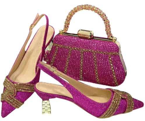 Yeuyyben Damen High Heels Tasche Set Nigerianisch Elegant Spitze Zehen Damen Pumps Kristall Griff Clutch, Fuchsia für Set, 41 EU