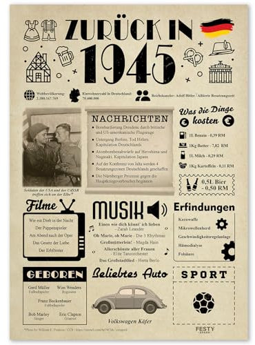 Geschenke zum 80. Geburtstag Frau - Geburtstagsgeschenk für Männer 80 - Schöne Geburtstagskarte 80 Frau und Mann - Geburtstagsdekoration 80. Geburtstag Männer und Frauen - Karte 1945