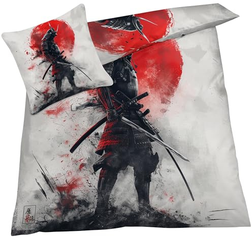 YELDAN Samurai Asiatische Bettwäsche 135x200 Sommer, Japanische Bettbezug 135x200 2er Set, Wendebettwäsche und Kissenbezug, Weiche & Atmungsaktive Mikrofaser Bettwäsche-Sets