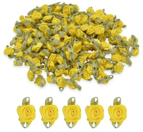celloexpress 15mm Yellow #10 Satin Ribbon Roses with Green Leaves - Small Flower Buds - Crafts, Embellishments (Pack of 10)