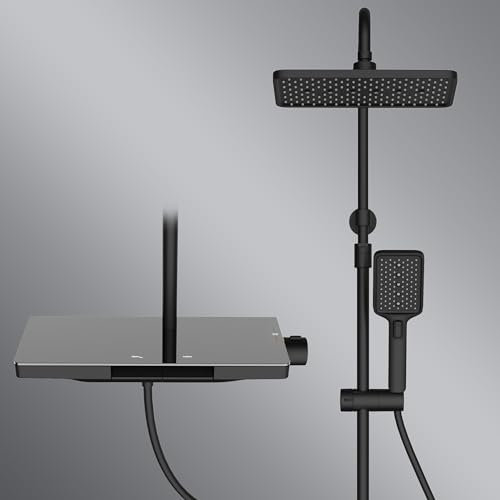 HOMELODY Duschsystem mit Thermostat Schwarz und Glasablage - Duscharmatur Komplettset mit Kopfbrause und Handbrause - Regendusche mit Armatur Duschset für Heimische Badezimmer