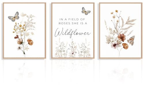 Dazzlewall 3 Stück Boho Blumen Wandbilder Schmetterling Wildblumen Leinwand Bilder, Inspirierende Zitate Poster für Schlafzimmer Wohnzimmer Dekor 30x40 cm Ungerahmt