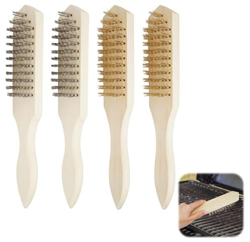 4 Pcs Wooden Handle Wire Brush Set, 27cm/10.62inch Stainless Steel Wire Brush Wood Handle, Deep Gas Stove Wire Brushes Set,Wooden Wire Brush for Rust Removal, Cleaning Rust Dirt Loose Paint Removal