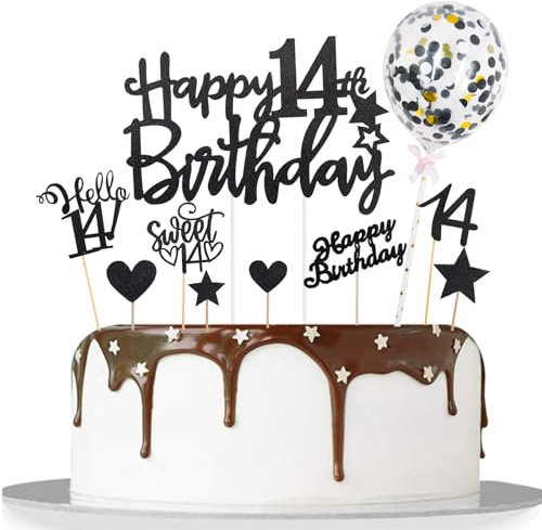 Catelves Tortendeko 14 Geburtstag Junge Mädchen,10 Stk Happy 14th Birthday Cake Topper Schwarz,Glitzer Kuchen Deko Geburtstag 14 Jahre Junge,Torten Deko 14Geburtstag Teenager,Cupcake Topper14