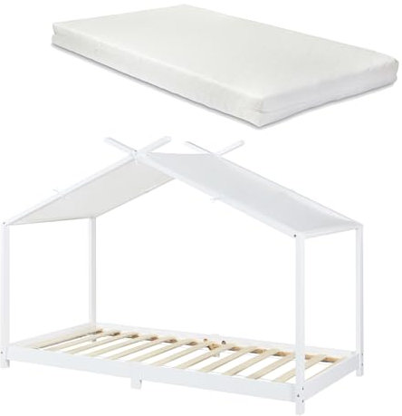 [en.casa] Kinderbett Brome mit Matratze Hausbett 90 x 200 cm Jugendbett Bettenhaus Spielbett mit Lattenrost und Abnehmbarem Stoffdach Montessori Bett aus massiver Kiefer Bettgestell Holz Weiß