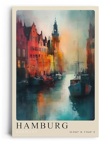 Paul Sinus Leinwandbild 60x90cm Hamburg Harbor Lights – Farbenfrohe Hafenszene mit historischen Gebäuden, Spiegelungen im Wasser