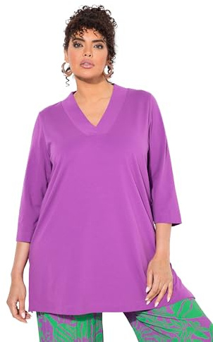 Ulla Popken Damen große Größen Übergrößen Plus Size Longshirt, A-Linie, V-Ausschnitt, 3/4-Arm violett 54+ 825083830-54+
