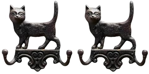 Apronhero 2er-Pack robuste Wandhaken aus Gusseisen – Vintage-Katzen-Design Doppelhaken zum Aufhängen von Mänteln, Handtüchern, Taschen im Badezimmer oder Schlafzimmer (Katze)