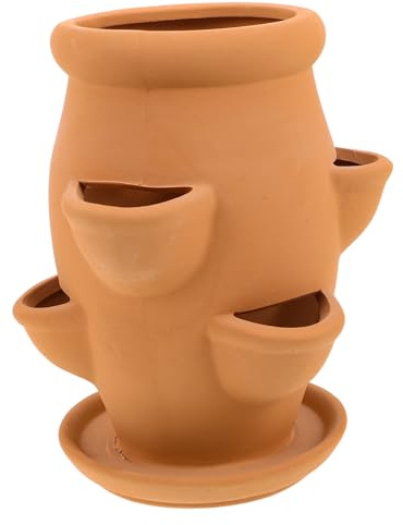 VANZACK Jardiniere pour Fraisier 6 Poches en Terre Cuite, Pot Khaki 1 Pièce | Pots de Plantes D'intérieur et D'extérieur, pour Fraises et Petites Fleurs, Design Multi-poches