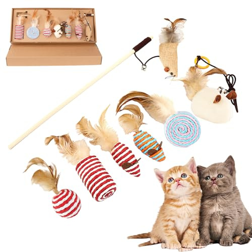 HUSOUE 7 Stück Katzenspielzeug, Katzenangel Naturmaterialien Katzen Spielzeug Interaktives Kitten Spielzeug mit Bällen Mäusen Federn Holzangel für Katzen Jeden Alters