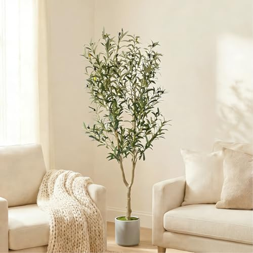 Semaho Faux Olive Tree, 180cm Artificial Olive Trees with Lifelike Olive Branches and Fruits, Fake Floor Plants with Pot for Indoor Home Office Living Room Outdoor Decor 6FT