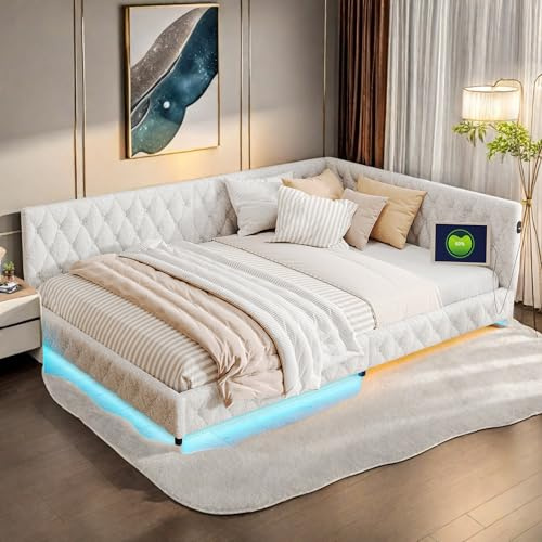 FUCMKON Mädchenbett 140x200 cm,Polsterbett Schlafsofa mit LED und USB,Kinderbett Tagesbett,Prinzessinnenbett mit Kopfteil und Lattenrost,Polsterbett Doppelbett,Jugendbett (Beige A, 140x200cm)