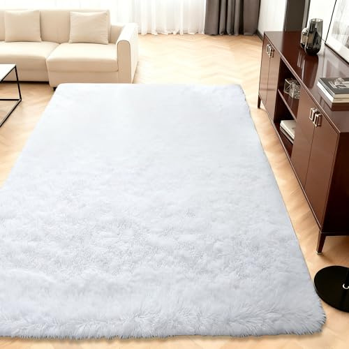 QENHYUN Moderner Hochflor Teppich 200 x 400 cm Extra Weich Bettvorleger High Pile Moderner für Kinderzimmer Teenager Schlafsaal, Weiß