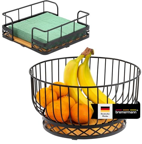 bremermann Obstkorb 2er Set inklusive Serviettenhalter, Obstschale/ Brotkorb bietet viel Platz für die Lagerung von Obst, Gemüse, Brot und Snacks, moderne Materialkombination aus Bambus und Metall