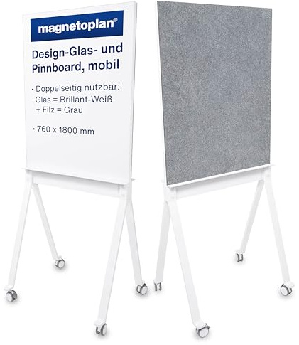 magnetoplan Design-Glas- & Pinnboard, mobil, Weiss | Whiteboard magnetisch + Pinnboard | Mobiles Board doppelseitig | Magnetwand auf Rollen | Hochwertige Glasoberfläche | BxHxT 760x1800x600mm
