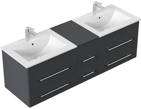 Generisch Doppelwaschbecken Waschtisch mit Unterschrank, Grafit, Weiße Keramikbecken, Wandmontage, 6 Schubladen mit Edelstahlgriffen
