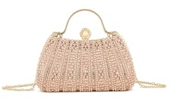 DerightFS Beaded Evening Clutch Purse with Chain Strap, Black, Metallic Faux Leather, Formal Wedding Party Handbag with Pearl Rhinestone (Rose Gold)