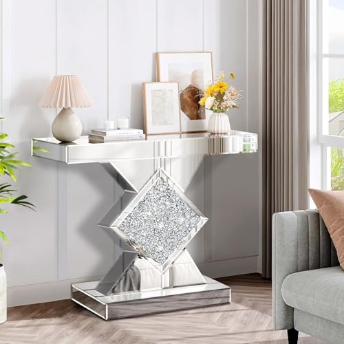 Jesantab Table console de maquillage argentée avec miroir et incrustation en cristal, 80 cm de long, fine et brillante, pour salon, couloir et entrée