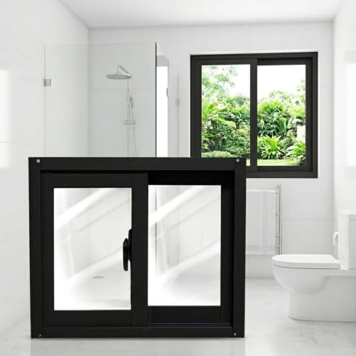 Finestra Scorrevole di Ricambio per Seminterrato e Capanno, Finestre di Ricambio Facile Installazione con Zanzariera e Serratura(Black,74x46cm)