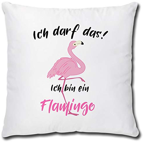 TRIOSK Kissen Flamingo Ich darf Das, Geschenk Frauen Freundin Zierkissen Dekokissen Bezug inkl. Füllung Reißverschluss, Weiß Rosa Pink, 40x40 cm