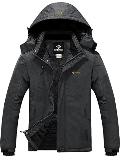 GEMYSE Herren Wasserdichte Berg-Skijacke Winddichte Fleece Outdoor-Winterjacke mit Kapuze (Graphitgrau,M)