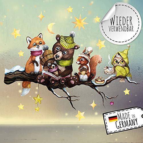 Fensterbild Weihnachtsdeko Weihnachten Tiere auf Ast -wiederverwendbar- Fensterdeko Winter Fensterbilder Kinder bf113 ilka parey wandtattoo-welt®
