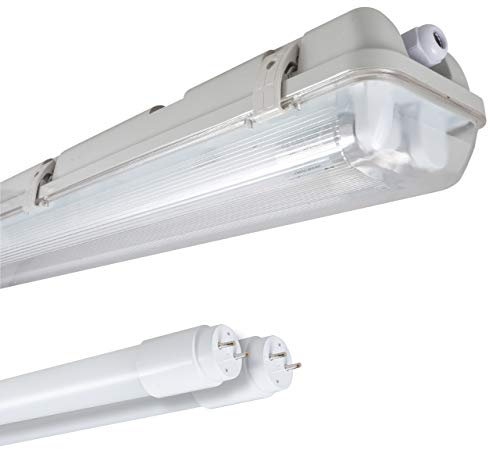 Proventa feuchtraumleuchte LED 150cm mit led Röhre 60cm, IP65, 4000K, 50.000h, Edelstahlklammern, IK08, Kunststoff grau – Flackerfrei, 16,5W(3.06lm)–Für Garage, Keller, Werkstatt