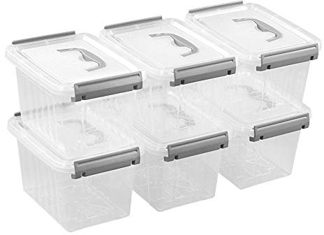 Waikhomes 6-Pack 6 L Storage Containers, Plastic Clear Storage Boxes with Lids (Grey handle)