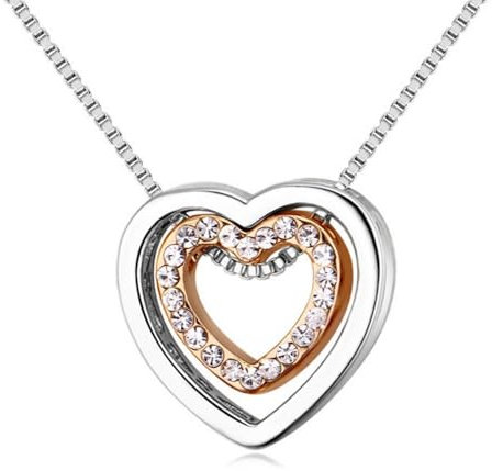 Bungsa Kette Herz in Herz Damen 45cm Silber Rosegold - Offener Zweifarbiger Anhänger mit klarem Strass Besetzt - Frauenkette Halskette - Necklace Silver redgold Crystals Heart Liebe Love Amore