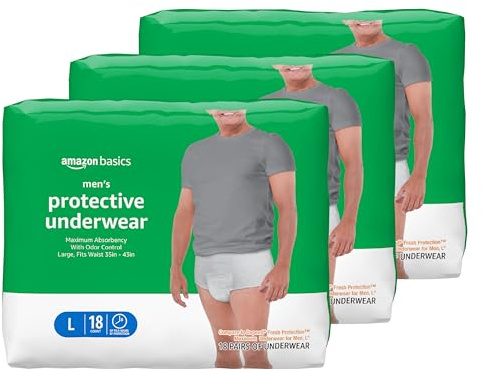 Amazon Basics Maximum Absorbency Incontinence Underwear for Men with Leak Protection and Odor Control, Large, 54 Count (3 Packs of 18)